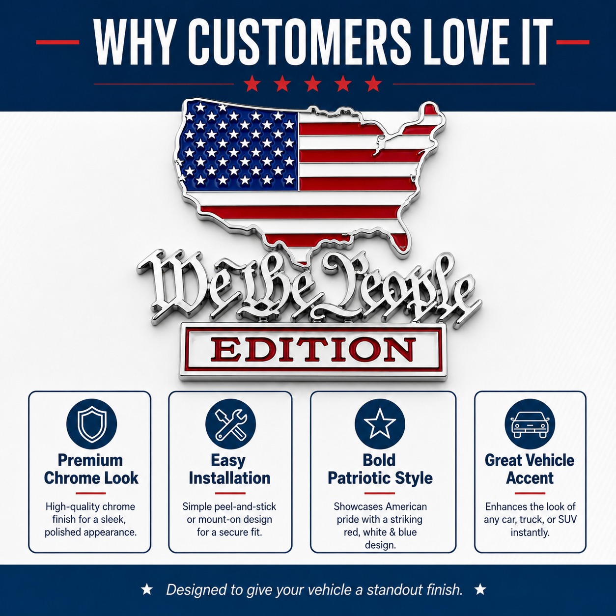 We The People Edition Chrome Auto Emblem-Patriotic 3D Metal Badge for Cars, Trucks, SUVs & Jeeps – Easy Peel-and-Stick Vehicle Upgrade